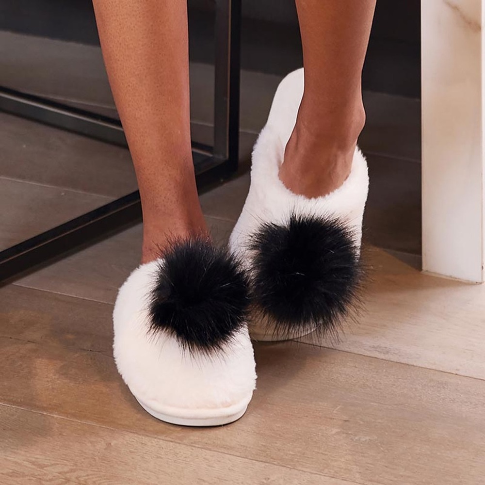 Bella Sleep+Spa plush slippers in ivory with black pom-pom/2 sizes available-NEW